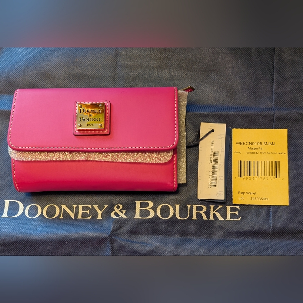 New Dooney & Bourke Wexford Leather Flap Wallet in Magenta 6" - Picture 2 of 9